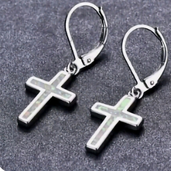 New white simulated opal cross earrings - Picture 1 of 2